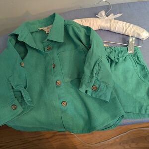 Green Button-Up Shirt and Shorts Set